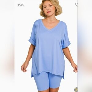 Plus Size V-Neck Tunic Top in Periwinkle Blue With Matching Shorts